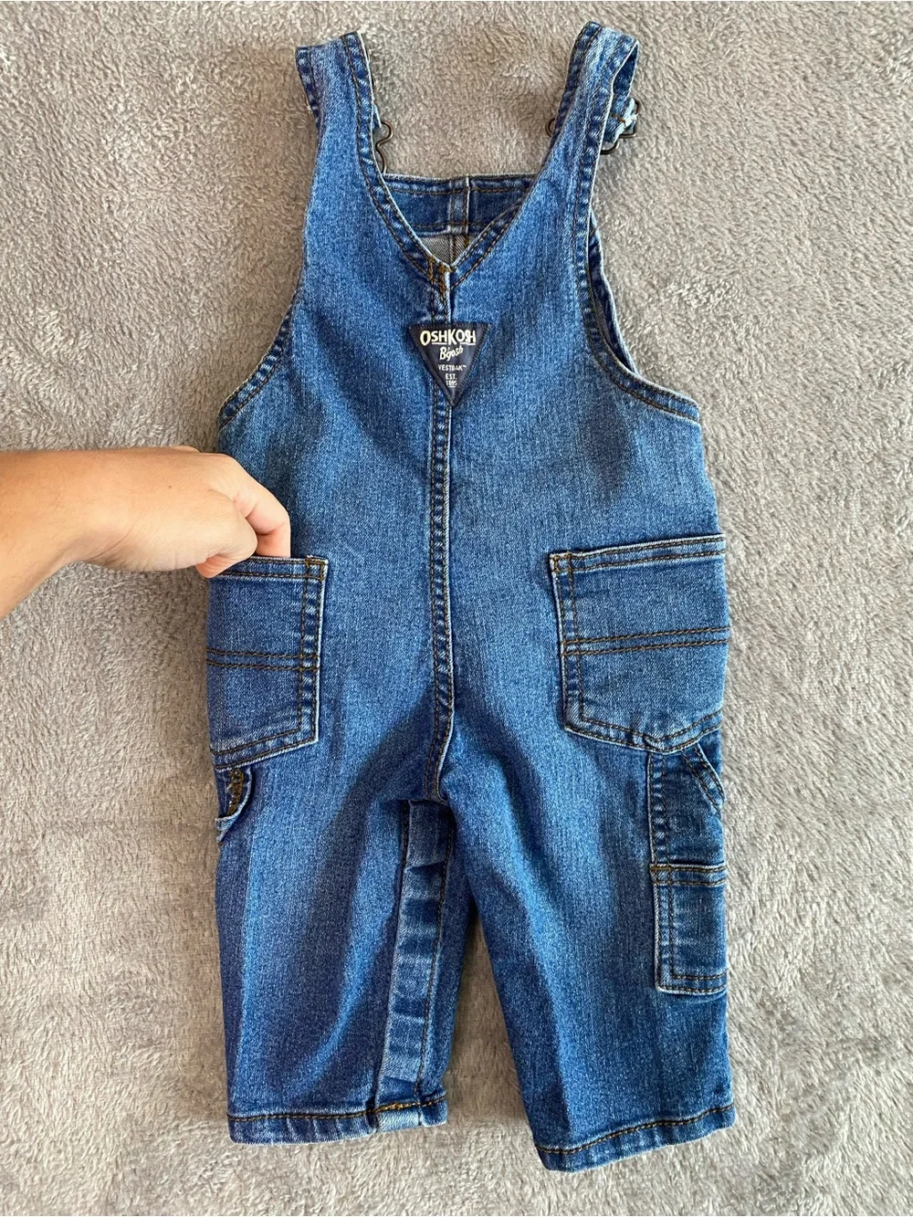 OshKosh B'gosh Classic Blue Denim Baby Overalls 6M Dark Wash Stretchy 90s Retro